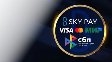 Изображение популярных платежных логотипов, таких как Visa, Mastercard и МИР, а также Sky Pay, подчеркивающее гибкость платежей в Онлайн-казино Еномо онлайн-казино.